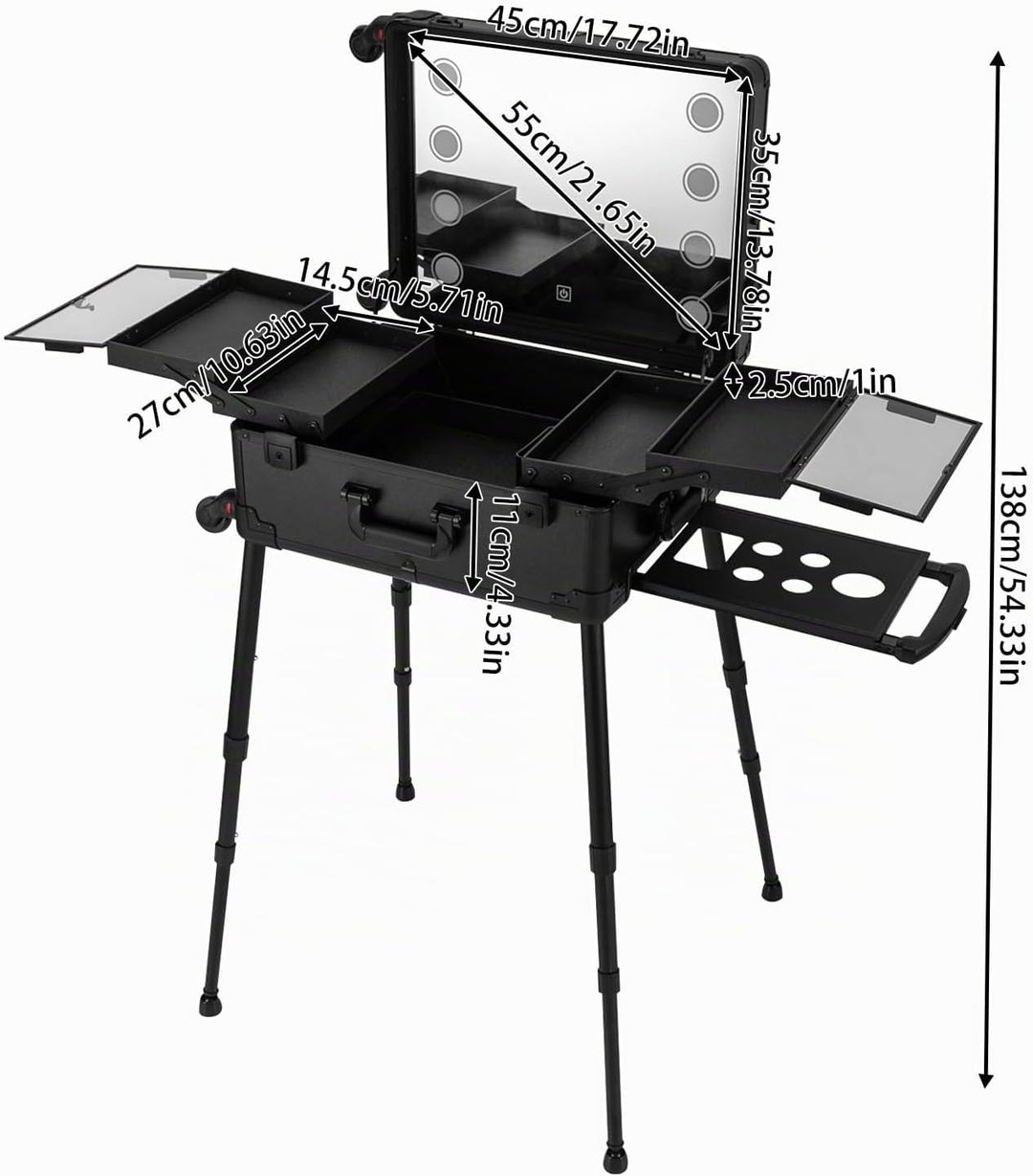Profi Kosmetikkoffer Trolley, Multifunktional Schminkkoffer, Make Up Koffer mit Spiegel und LED Lich