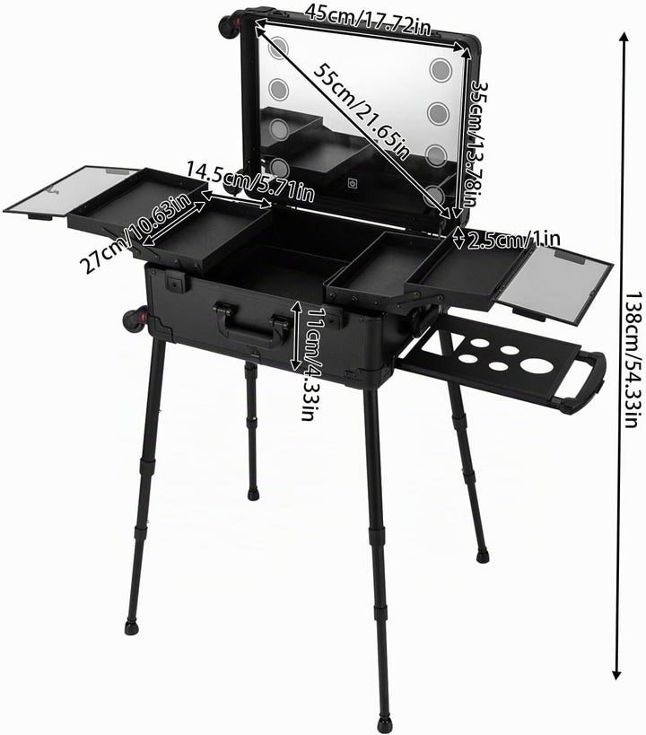 Profi Kosmetikkoffer Trolley, Multifunktional Schminkkoffer, Make Up Koffer mit Spiegel und LED Lich