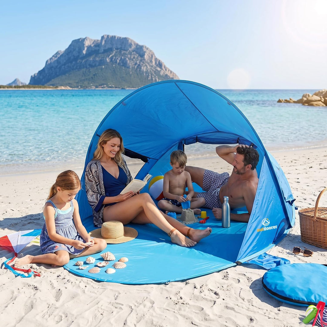 outdoorer UV 80 Pop up Strandmuschel Beach Air, 245x145x100 cm, bestens belüftet, 2 Fenster, 1 versc