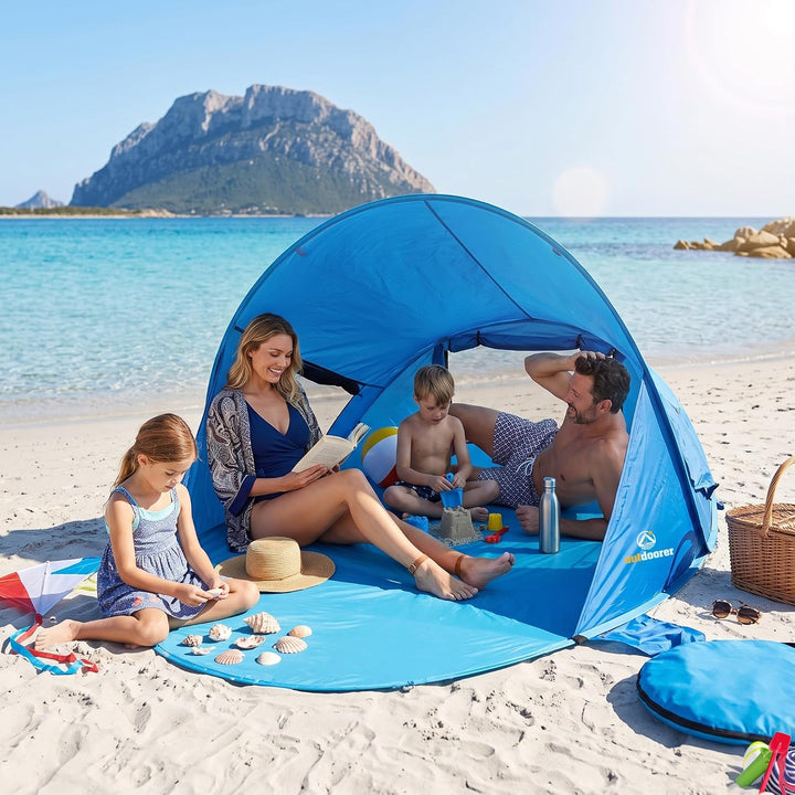 outdoorer UV 80 Pop up Strandmuschel Beach Air, 245x145x100 cm, bestens belüftet, 2 Fenster, 1 versc