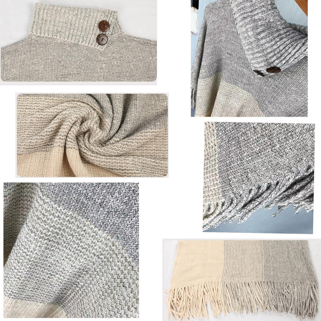 Damen Poncho mit knöpfen Schal Cashmere Feeling Strick Decke Cape Cardigan für Frauen Retro Cardigan