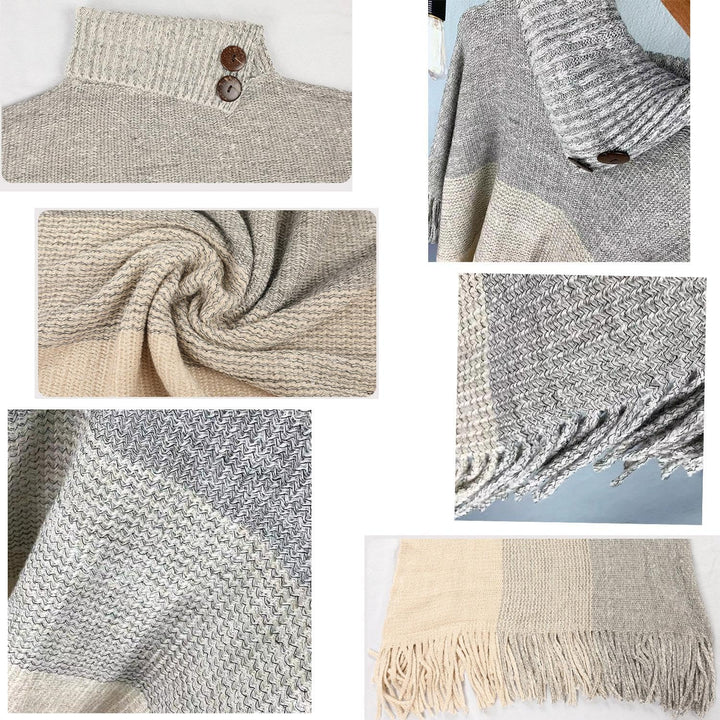 Damen Poncho mit knöpfen Schal Cashmere Feeling Strick Decke Cape Cardigan für Frauen Retro Cardigan