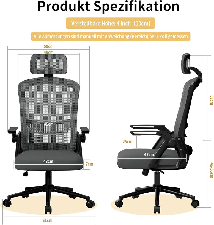 naspaluro Bürostuhl Ergonomisch Dunkelgrau Mit Kopfstütze | Schreibtischstuhl Atmungsaktiver Netzgew