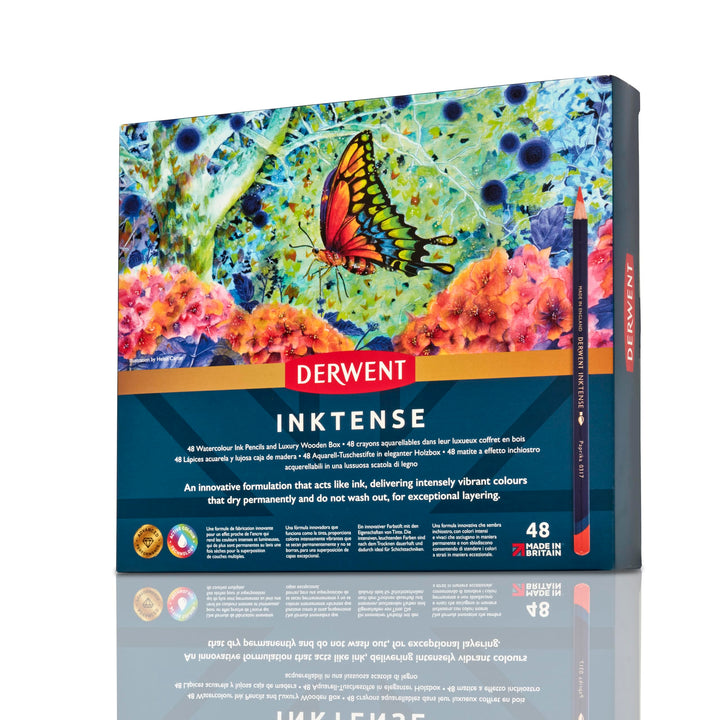 Derwent Inktense Permanent wasserlösliche Aquarellstifte, 48er Set in hölzerner Geschenkbox, 4 mm Pr