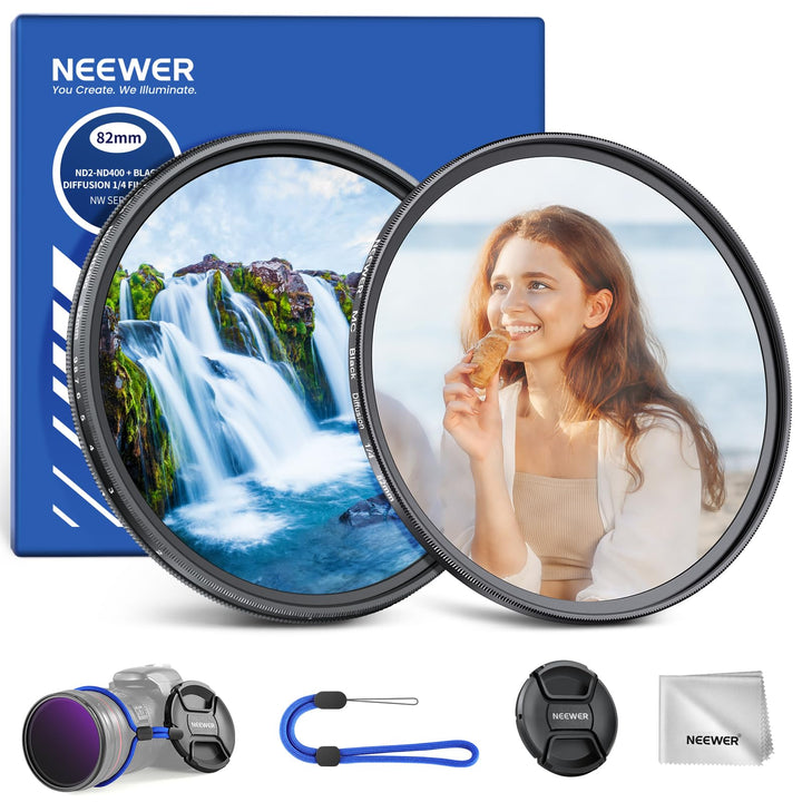 NEEWER 82mm Variable ND 2-400 &amp; Black Diffusion 1/4 Filter für einen filmischen Nebeleffekt, 2 Pack