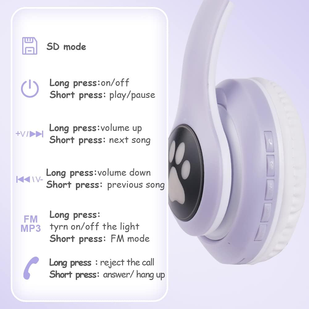 AXFEE Kinderkopfhörer Bluetooth, Katzenohr Over-Ear mit LED-Licht, Faltbar, Stereo, Kabellos mit Mik