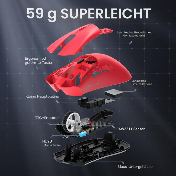 ATTACK SHARK R1 59g Superlight Maus, PixArt PAW3311 Gaming-Sensor, BT/2,4G kabellose/kabelgebundene