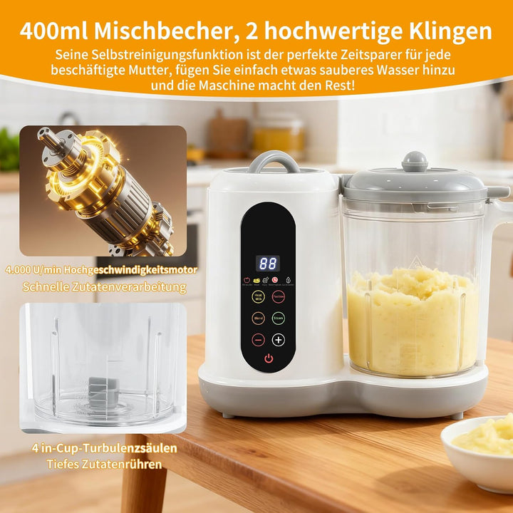 Babynahrungszubereiter, 400ML Baby Food Maker, Babybrei Zubereiter, Dampfgarer Mixen, mit voreingest