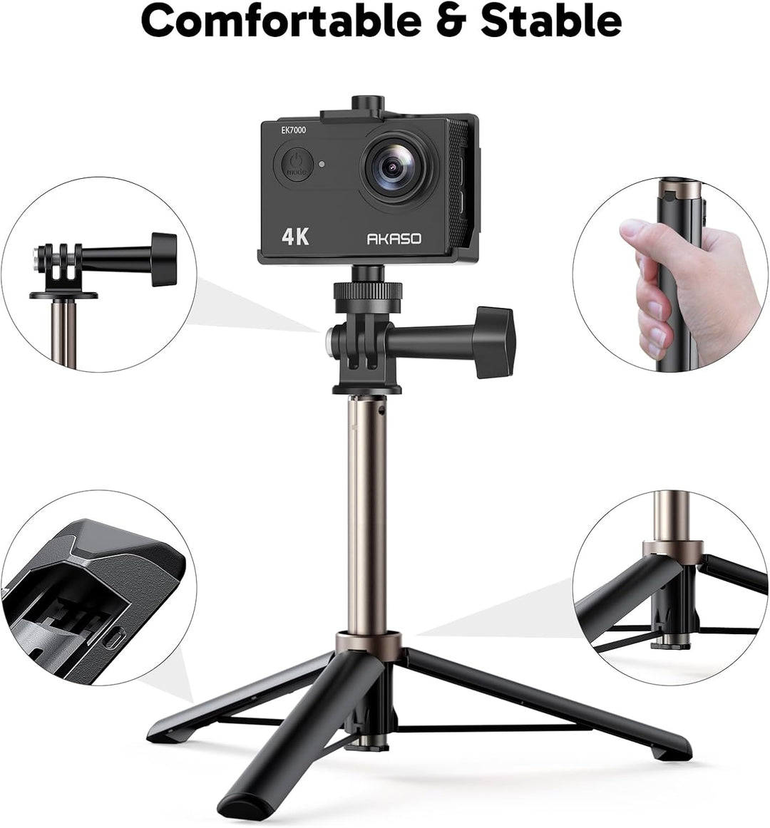 AKASO Action Cam mit 60cm Stativ Selfie Stick und Tasche, 4K30FPS 20MP WiFi Unterwasserkamera EIS St