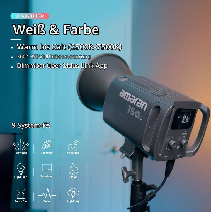 Aputure Amaran 150c (RGB, 2500K-7500K) Vollfarbige Point-Source LED, integrierte Schirmhalterung, Bo