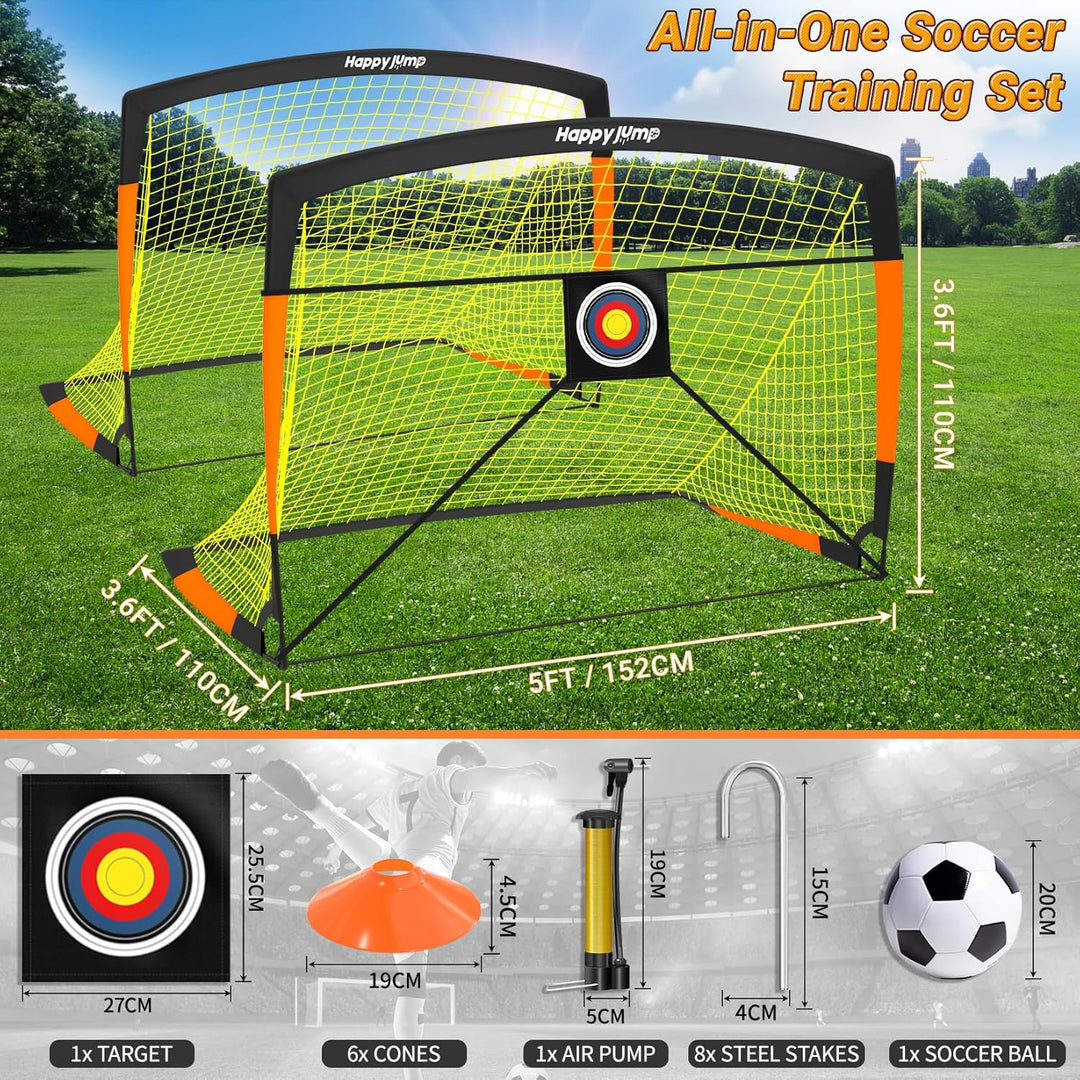 Happy Jump Pop-Up Fussballtor – Faltbar für Kinder & Erwachsene | 1 oder 2 Tore: 120x90 / 152x110 /