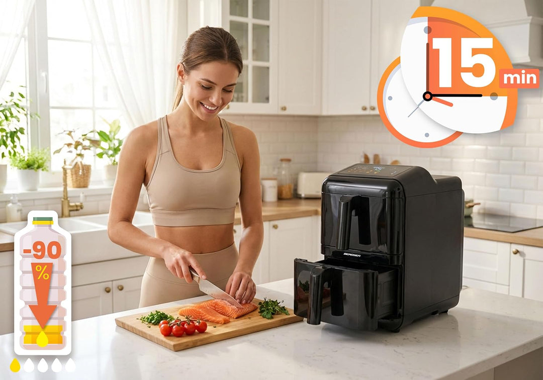 Berdsen Heissluftfritteuse Airfryer - 11,6 l - Doppelkammer vertikal 2 x 5,8 l - 3000 W, 9 Programme