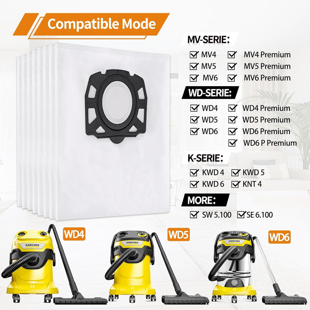 10 Stück WD6 Beutel für Kärcher Staubsaugerbeutel WD4 WD5 WD5P WD6P MV4 MV5 MV6 mit 2 Stück WD6 Filt