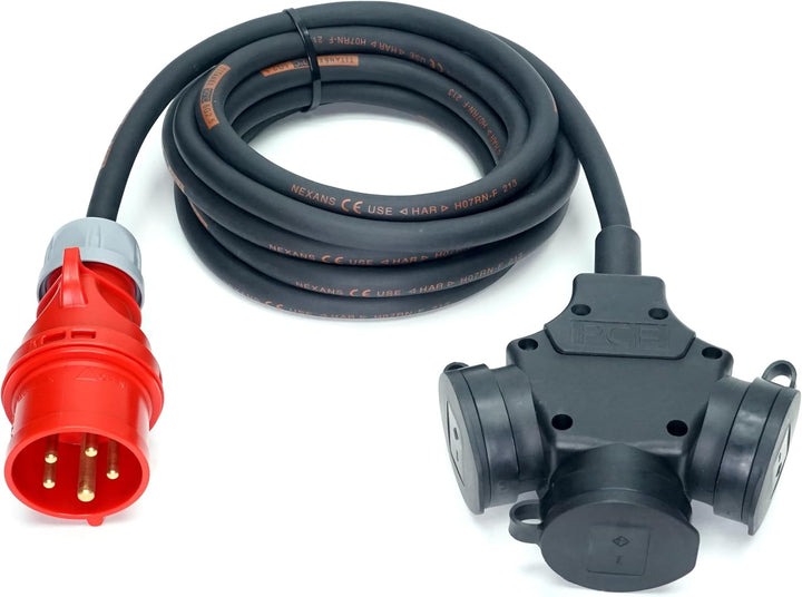 CEE-Stecker auf Schuko-Verteilung 3-Fach (1,5m-50m) 16A Verlängerungskabel Titanex H07RN-F 5x1,5mm²