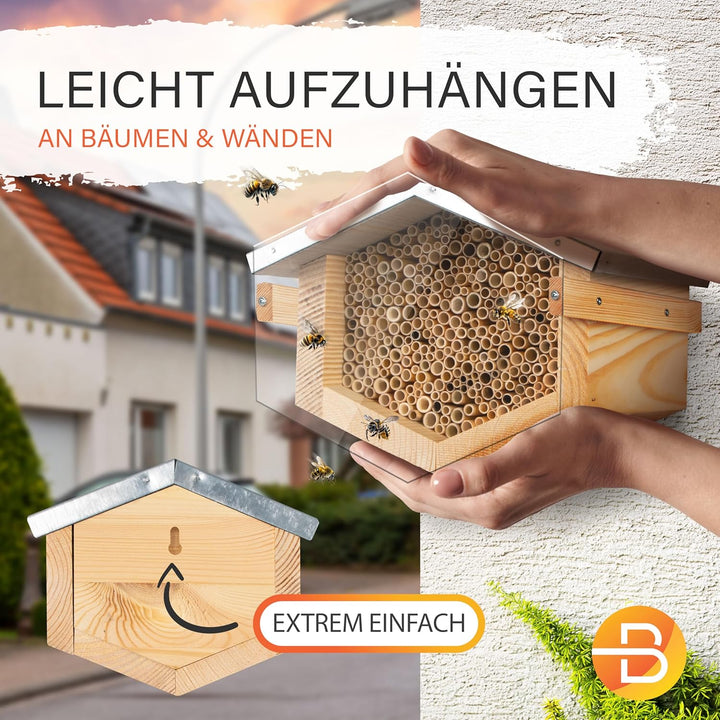Beesi Wildbienenhotel mit Vogelschutz I Dach wetterfest I Nisthülsen aus Bambus I hochwertiges Insek