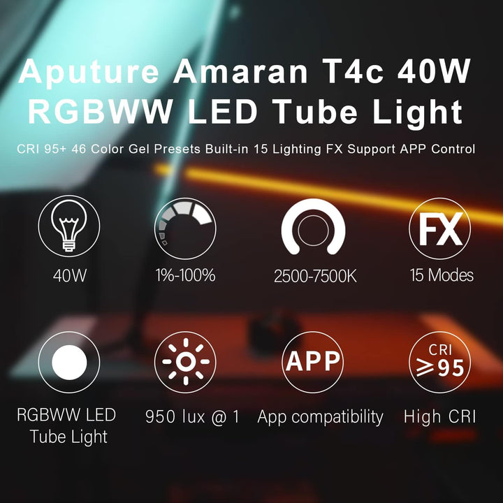 Amaran T4c 4-Fuss-Vollfarb-LED-Röhrenleuchte mit 40 W RGBWW-Ausgang, 744+ Lux bei 1 m (5600 K), Voll