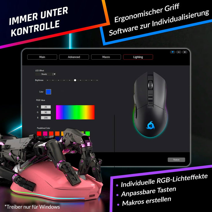 KLIM Blaze - Wiederaufladbare kabellose RGB Gaming Maus - NEU - Hochpräziser Sensor mit Langer Akkud