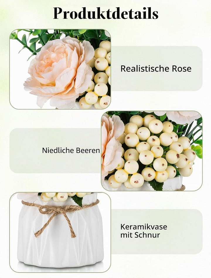 BLOSMON Kunstblumen im Topf Deko: 2 Stück Mini Champagner Künstliche Rosen Künstlich Blumen mit Vase