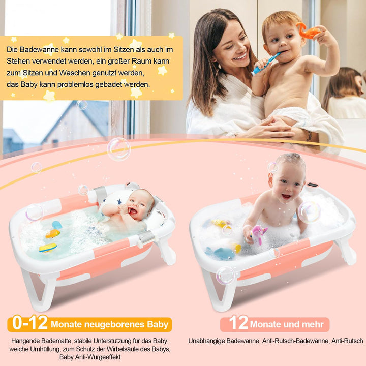 Babywanne faltbar Babybadewanne Baby Wanne platzsparend, doppelt klappbare Badewanne mit Badekissen,