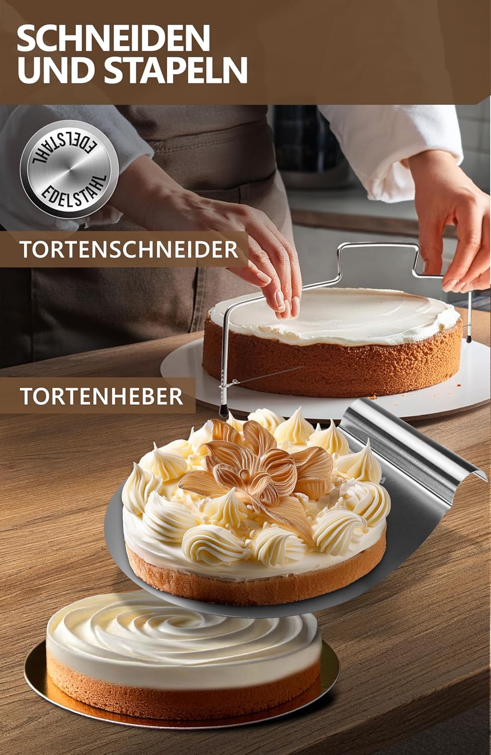 4smile Edelstahl Tortenheber Set, 5 Teile -Tortenheber + Tortenring verstellbar hoch 8,5 cm + Torten