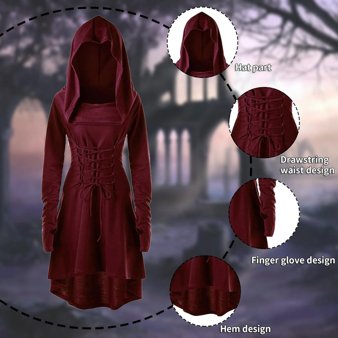 CNVAUIE Renaissance Kostüm Damen Gewand Mittelalterliches Kapuzenkleid Gothic Kleid Cosplay für Hall