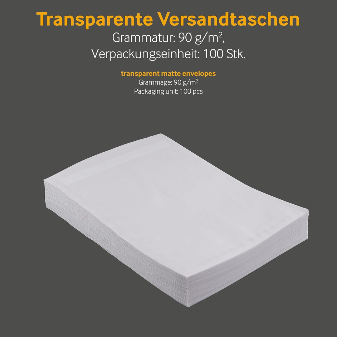 100 Stück, Transparent-Versandtaschen, DIN B5, Haftklebung mit Abziehstreifen, Gerade Klappe, 90 g/q