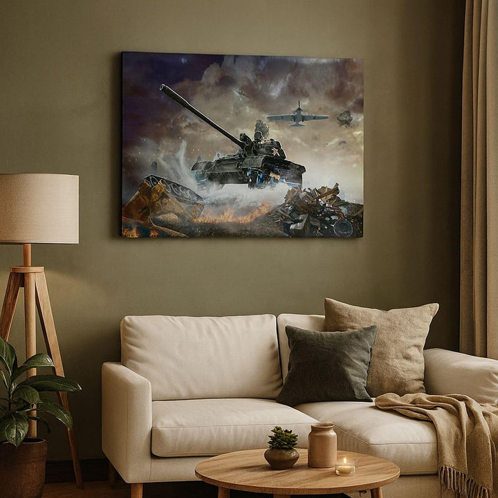 Bilder auf Leinwand 100x70cm Leinwandbild Krieg Panzer Airplain Schlacht Gross Wanddeko Bild Schlafz