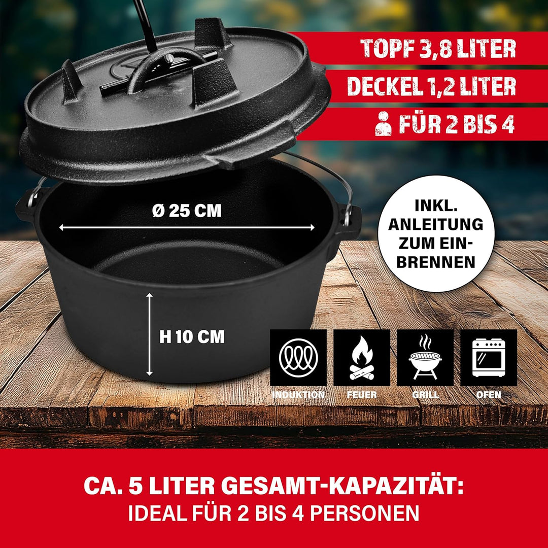 BBQ BOSS Dutch Oven [5L Kapazität] Gusseisen – Topf – Schmortopf – cast iron – Feuertopf – Gulaschke