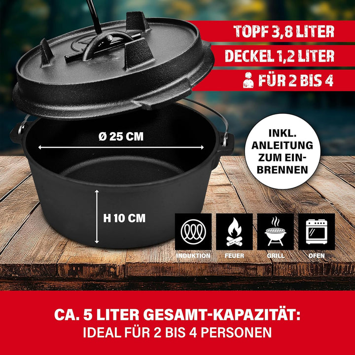 BBQ BOSS Dutch Oven [5L Kapazität] Gusseisen – Topf – Schmortopf – cast iron – Feuertopf – Gulaschke
