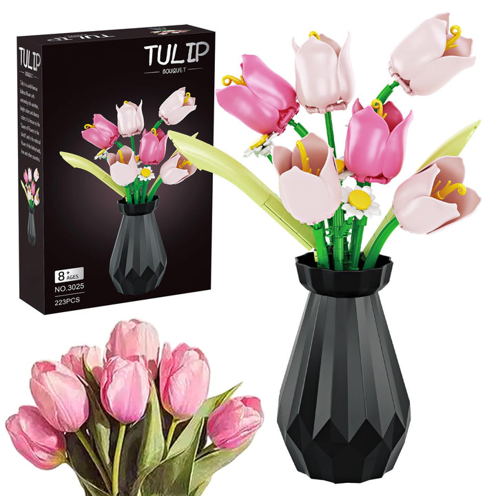 WINNER SPACE Tulpen Blumen Bauspielzeugset mit Vase, 223pcs Botanical Collection Bauklotz Spielzeug