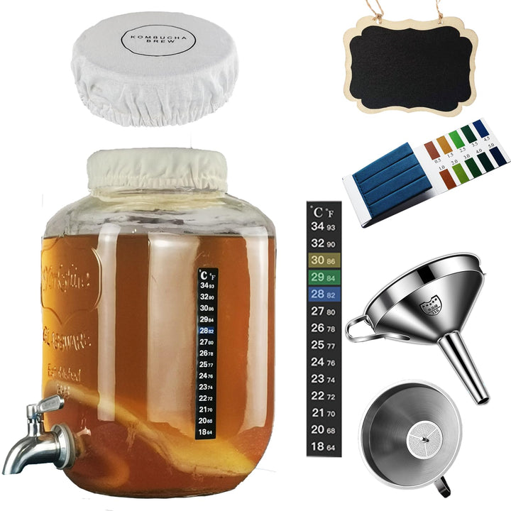 Kombucha Brauset mit 5,0L Glasfermenter & Hahn – Komplett-Set mit Edelstahl-Trichter, Tuch, Temperat
