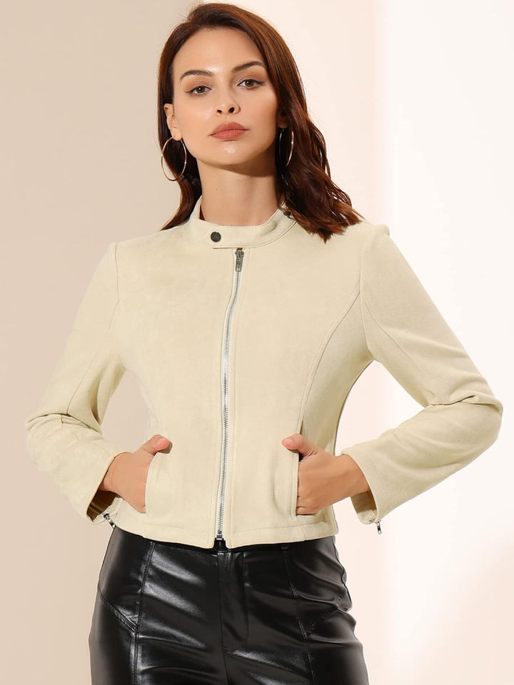 Allegra K Damen Faux Wildleder Jacke Stehkragen Reissverschluss Kurze Bikerjacke XS Beige, XS Beige