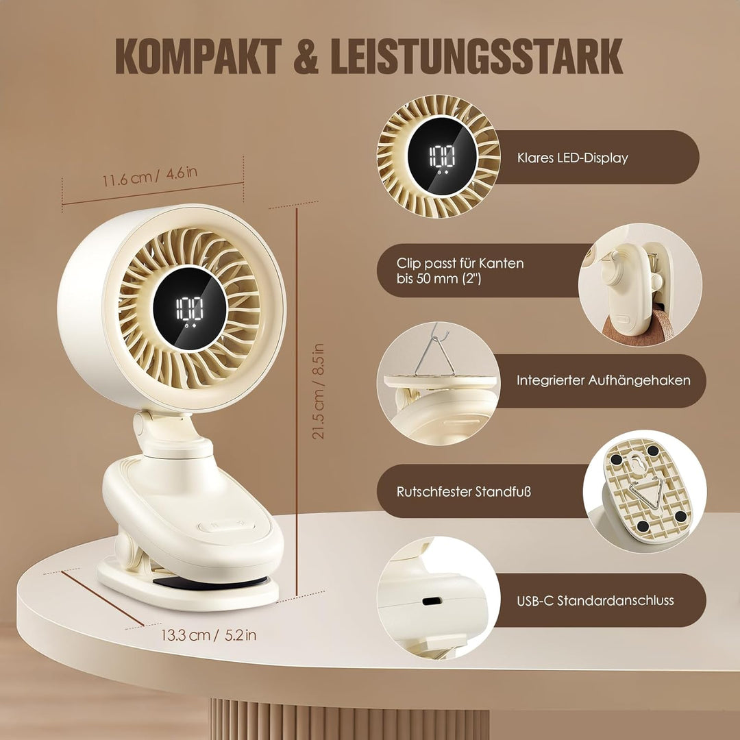 TRILINK Clip-Ventilator Akku, mini USB Tischventilator mit Oszillation, Timer, stufenloser Regelung