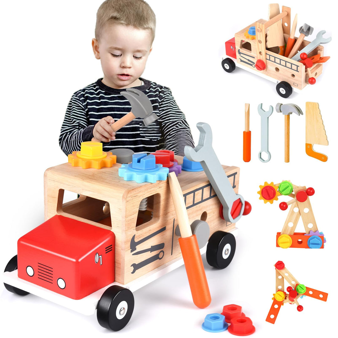 Werkzeugkoffer Kinder Werkbank, Montessori Holzspielzeug Kinderwerkzeug ab 2 3 4 Jahre, Spielzeug We