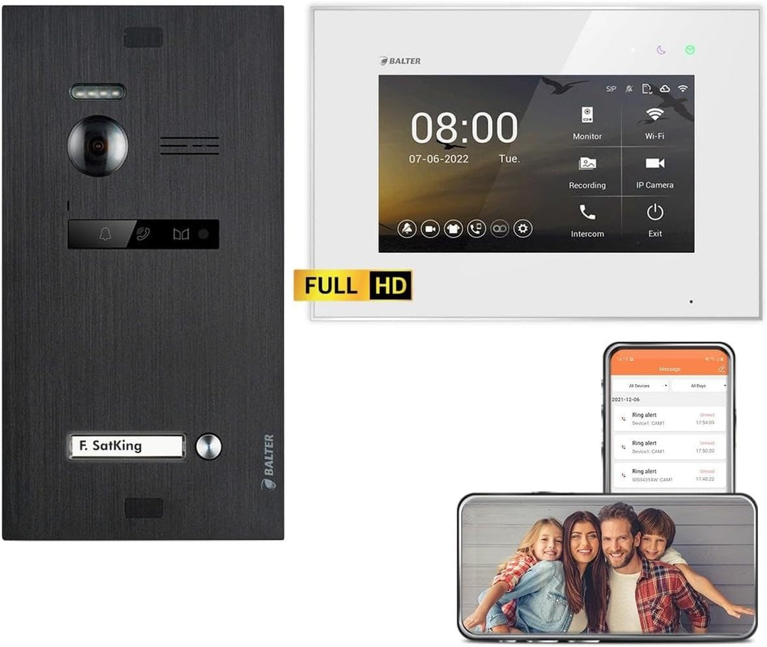 Balter EVO HD Schwarz/Weiss WiFi Video Türsprechanlage Set für 1 Familienhaus (1x Türstation mit Ful