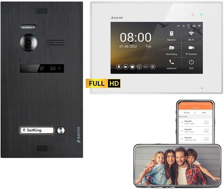 Balter EVO HD Schwarz/Weiss WiFi Video Türsprechanlage Set für 1 Familienhaus (1x Türstation mit Ful