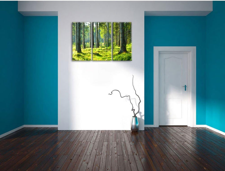 Pixxprint sonniger Tag im Wald / 3-Teilig/Gesamtmass 120cm Leinwandbild bespannt auf Holzrahmen/Wand