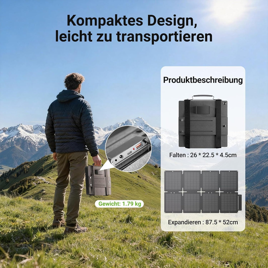 60W Solarpanel Faltbar, Tragbares Outdoor Solar Ladegerät IP67 Wasserdichtes mit 3 Anschlüsse (USB-C