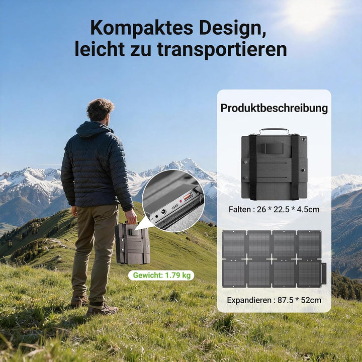 60W Solarpanel Faltbar, Tragbares Outdoor Solar Ladegerät IP67 Wasserdichtes mit 3 Anschlüsse (USB-C