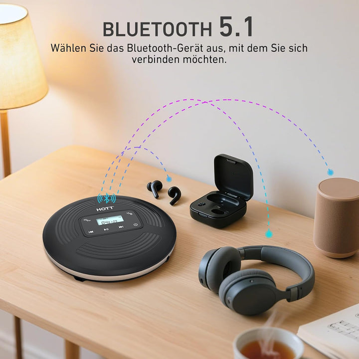 HOTT Tragbarer CD Player 1800 mAh wiederaufladbarer CD-Player mit Bluetooth und FM-Transmitter Ideal