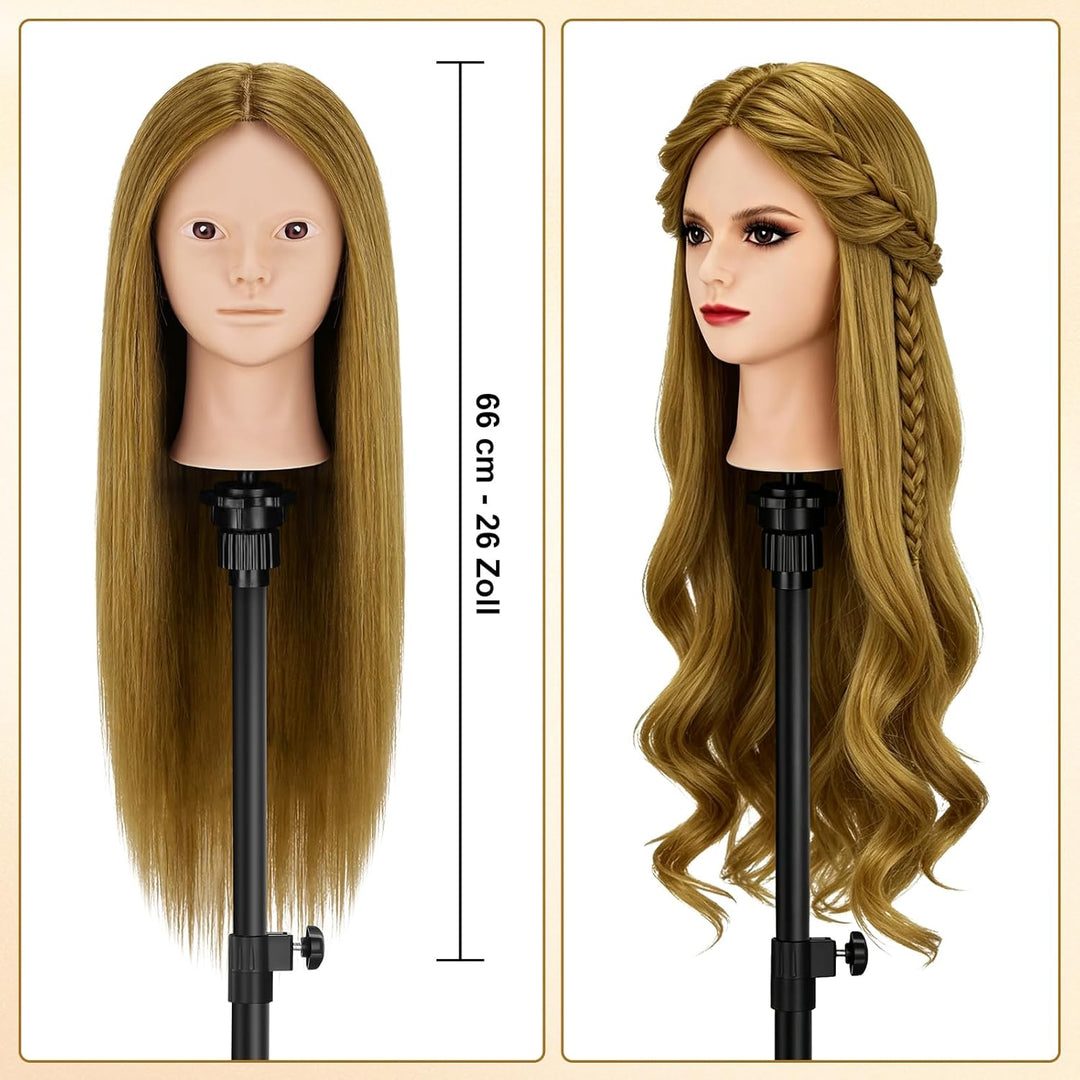 TwoWin Friseurkopf mit Haaren, 26 Zoll (66 cm) 80% Echthaar Mannequin Kopf, Make-up Übungskopf Haar