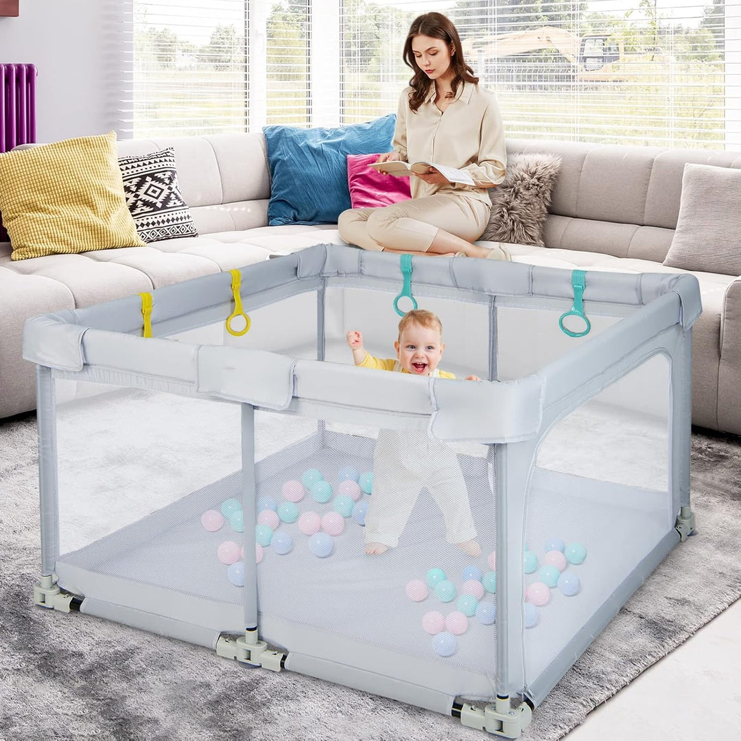 DREAMADE Laufstall Baby, 126 x 126 cm Laufgitter Klappbar mit 50 Spielbällen & 4 Zugringen, Schutzgi
