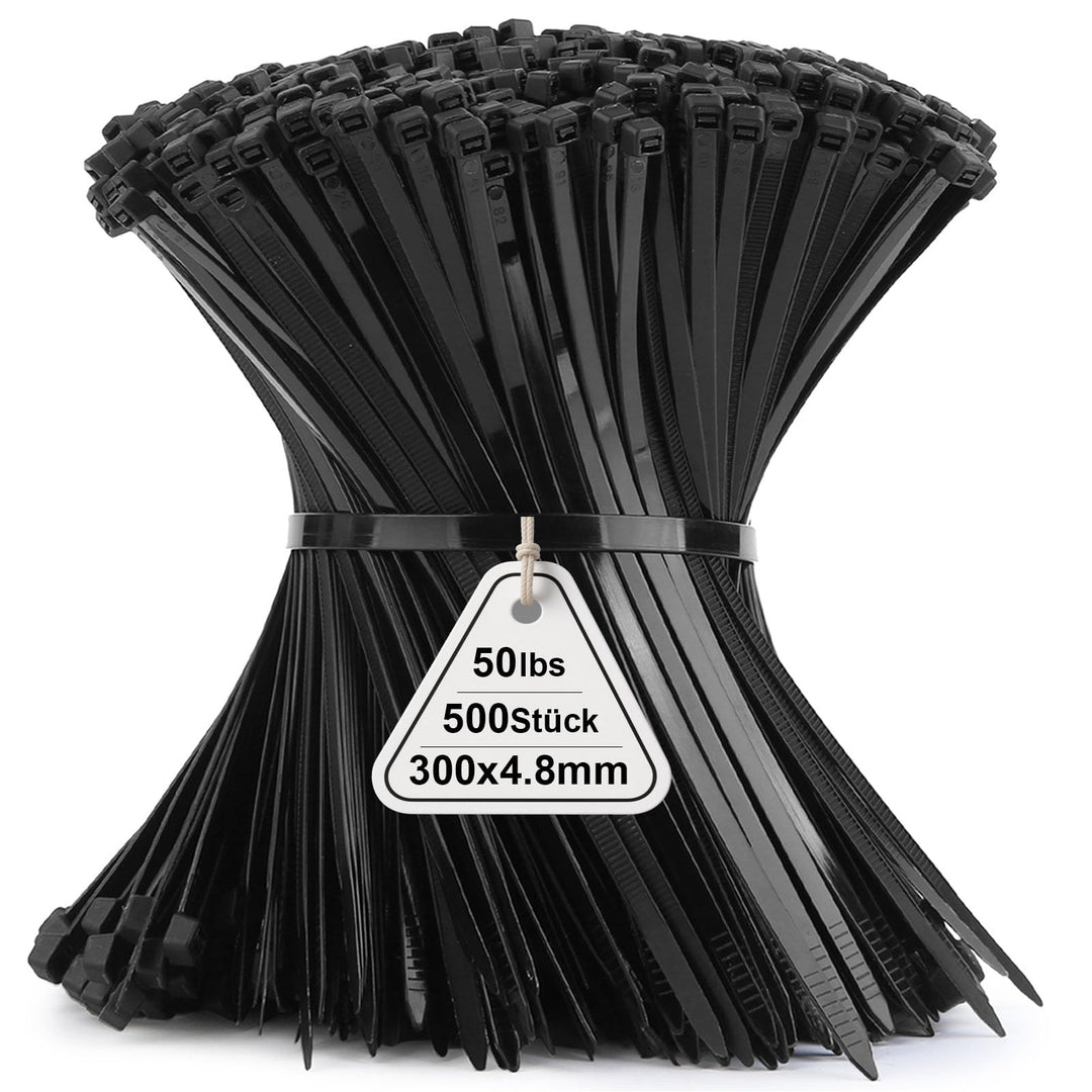 500 Stück Kabelbinder Schwarz 12in, 300mm x 4,8mm Nylonbinder, Cable Ties Zugfestigkeit mit 22 kg, U