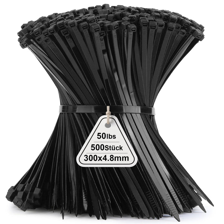 500 Stück Kabelbinder Schwarz 12in, 300mm x 4,8mm Nylonbinder, Cable Ties Zugfestigkeit mit 22 kg, U