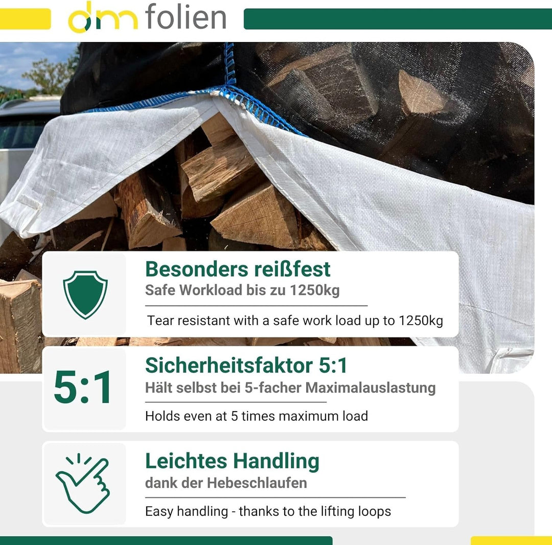 dm-Folien Holz Big Bag 95x95x175cm I 1 Stück I SWL 1.250 kg I Robuster Big Bag Holz mit 4 Ventilatio