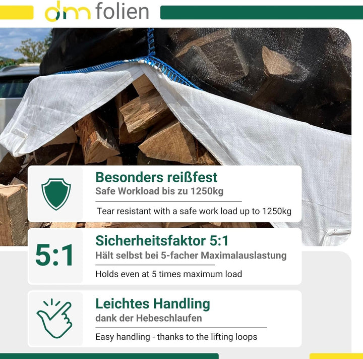 dm-Folien Holz Big Bag 95x95x175cm I 1 Stück I SWL 1.250 kg I Robuster Big Bag Holz mit 4 Ventilatio