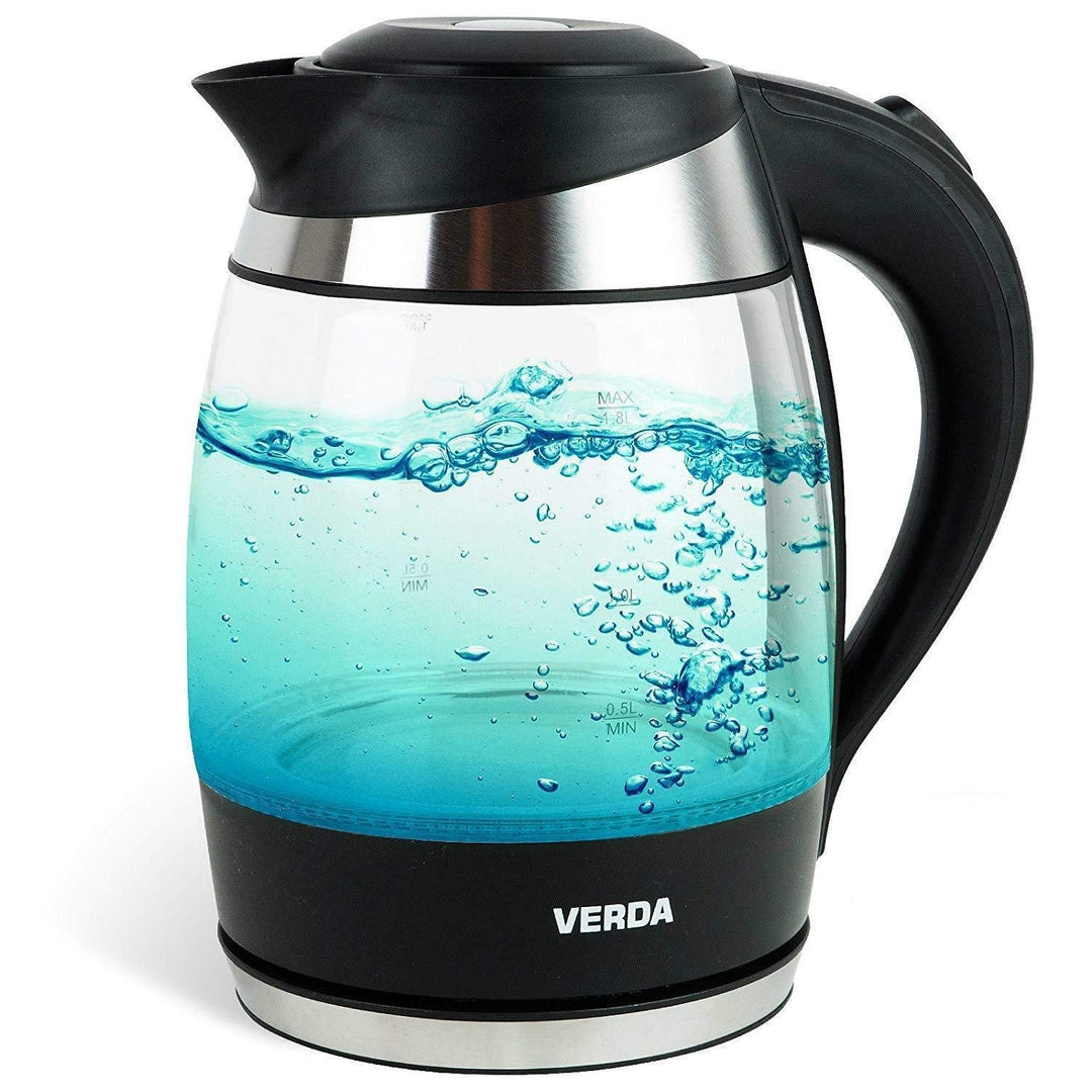 Verda Wasserkocher 1,8L 2200W Edelstahl LED Beleuchtung Kabelloss Glas Kalkfilter, Glas, 360°, 100%