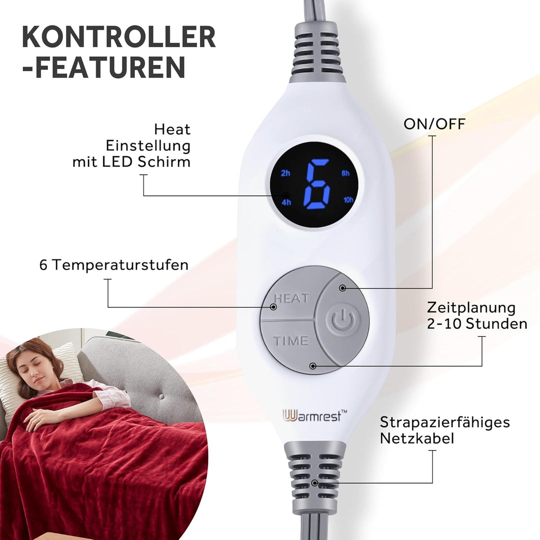 Elektrische Heizdecke, Flanell, 130 x 180 cm, 6 Temperaturstufen, 1-10 Stunden, automatische Abschal