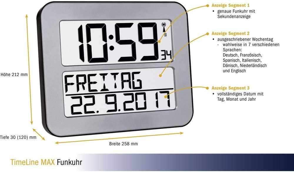 TFA Dostmann TimeLine Max Funk-Wanduhr, 60.4512.54, digital, übersichtliche Funkuhr, Seniorenuhr, De