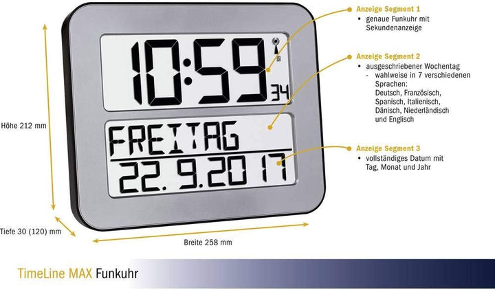 TFA Dostmann TimeLine Max Funk-Wanduhr, 60.4512.54, digital, übersichtliche Funkuhr, Seniorenuhr, De